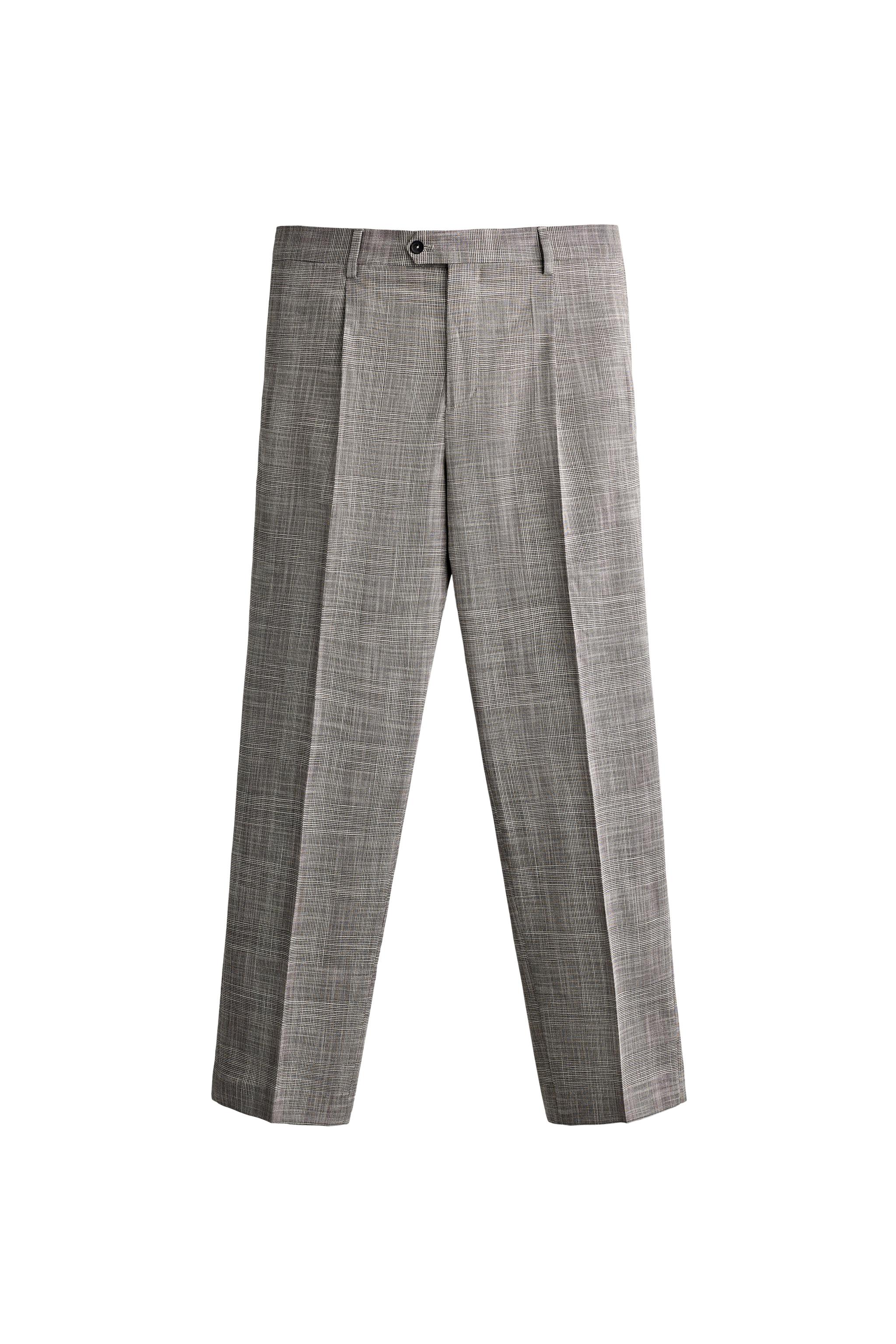 CHECKED WOOL BLEND PLEATED SUIT PANTS